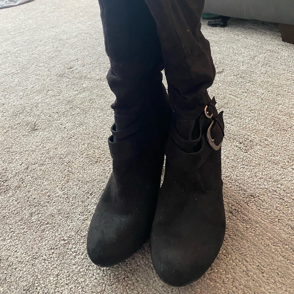 Black mid calf belted suede boot